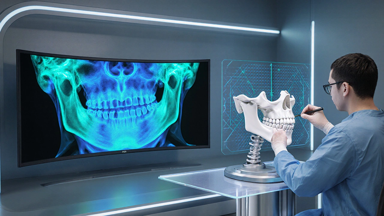 3D CT snímek a tištěná replika čelisti během plánování operace.