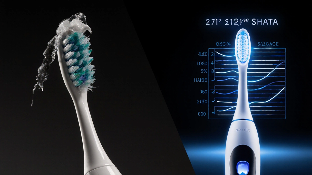 Contrast between worn manual toothbrush and sleek sonic toothbrush symbolizing improved oral care.
