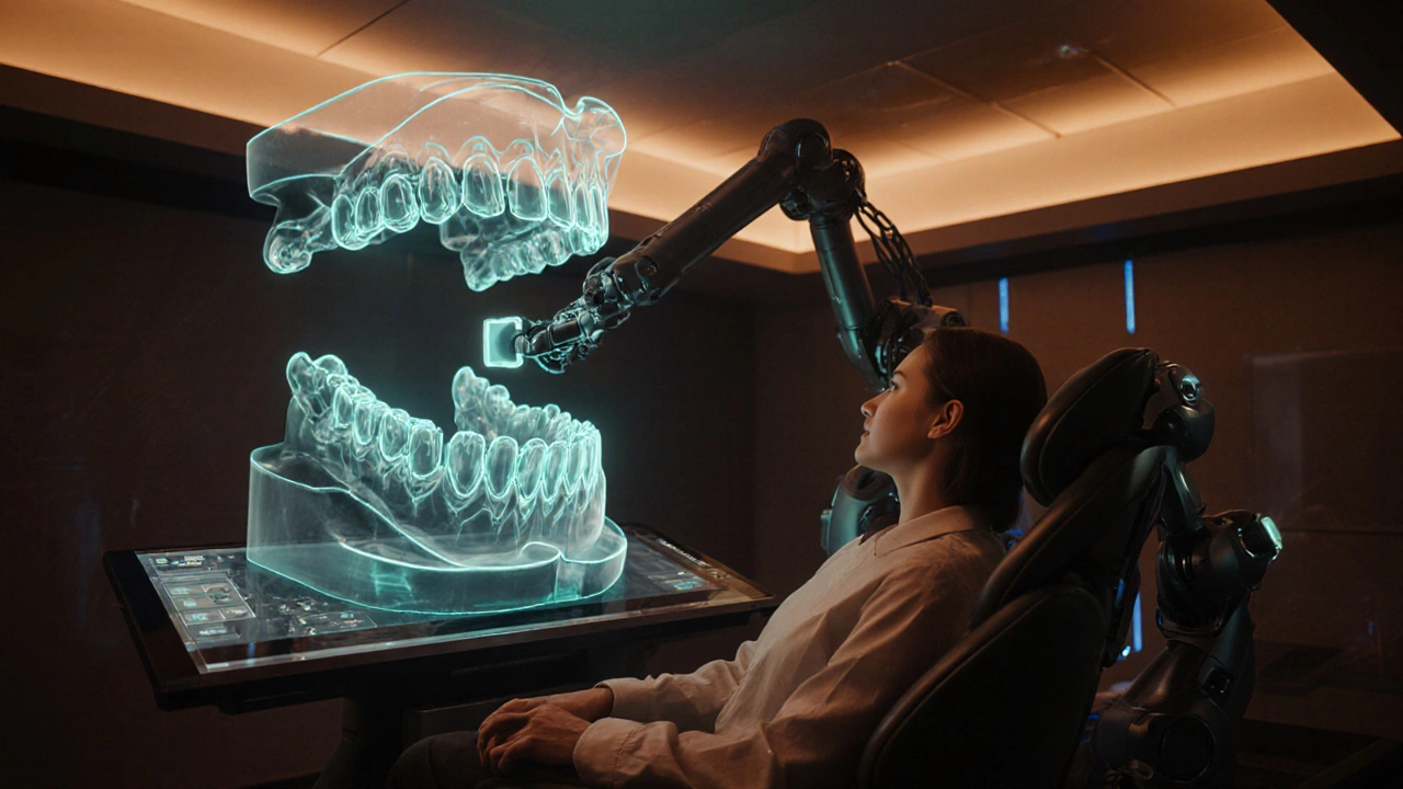 Futuristická laboratoř s holografickým modelem úst a robotickým ramenem aplikujícím fazetu.