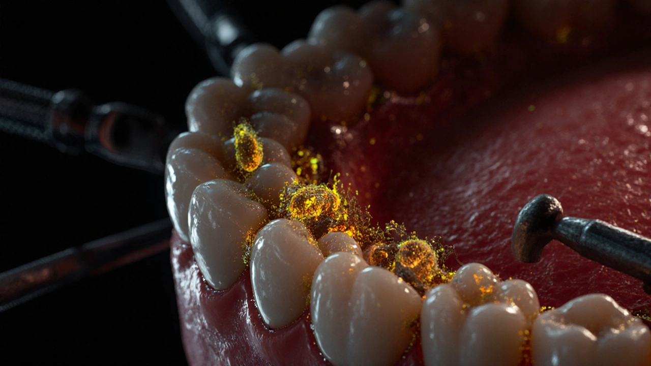 Mikroskopický pohled na bakterie a kyseliny ničící sklovinu zubu.