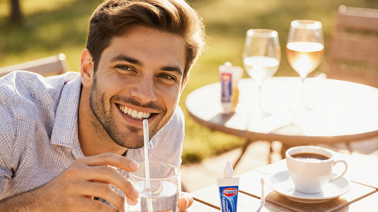Muž s bílým úsměvem pije vodu slámkou, kolem zubní pasta a mezizubní nit.