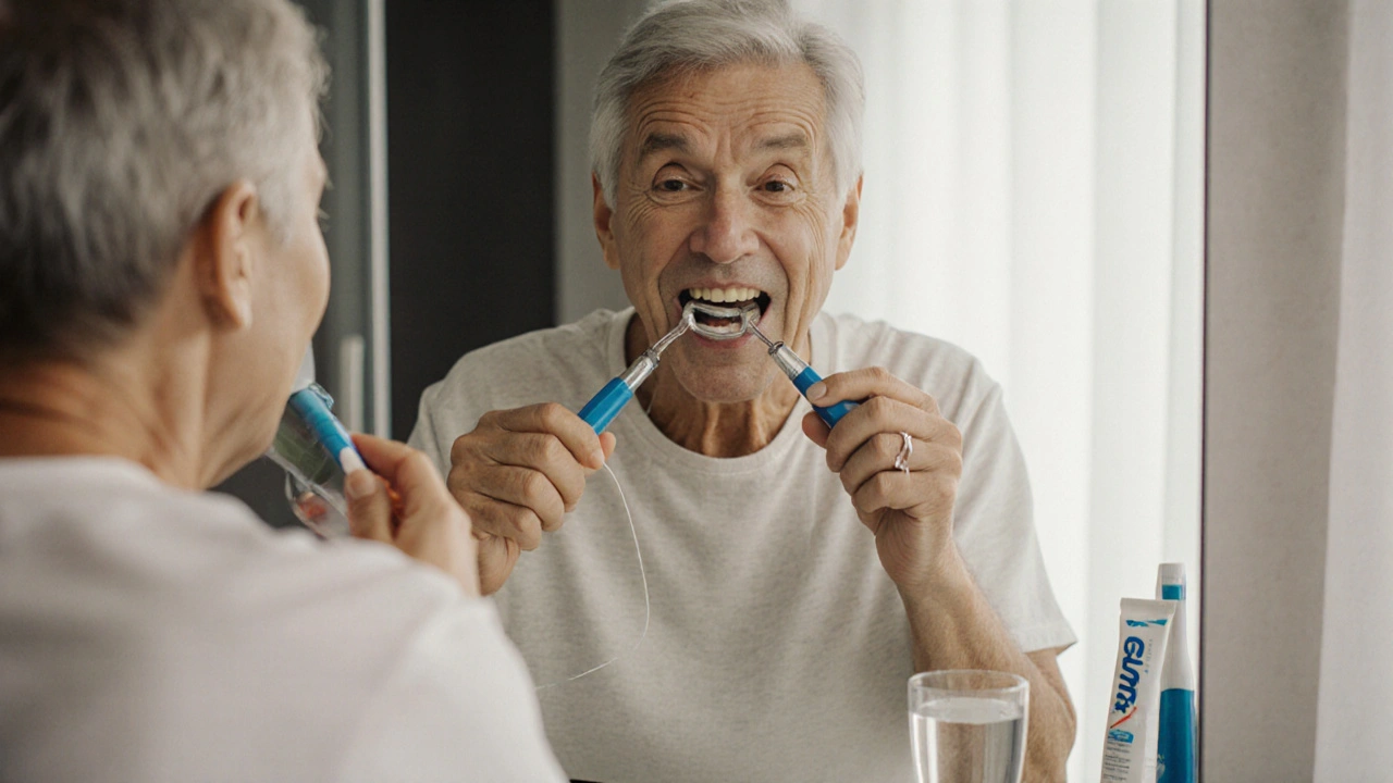 Osoba čistí mezizubní prostory zubní nití a kartáčkem v koupelně.