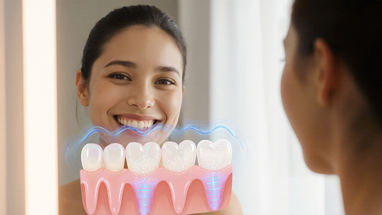 Person smiling in mirror with healthy gums and invisible sonic waves cleaning between teeth.
