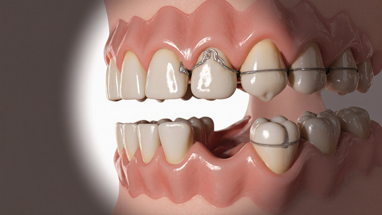 Přehledný řez zubní náhradou ukazující teleskopické zapojení primárních a sekundárních korunek.