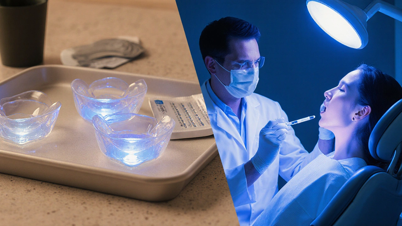 Rozdělený obrázek: doma bělení pomocí pásků a LED, v ordinaci lékař s peroxidem a LED lampou.