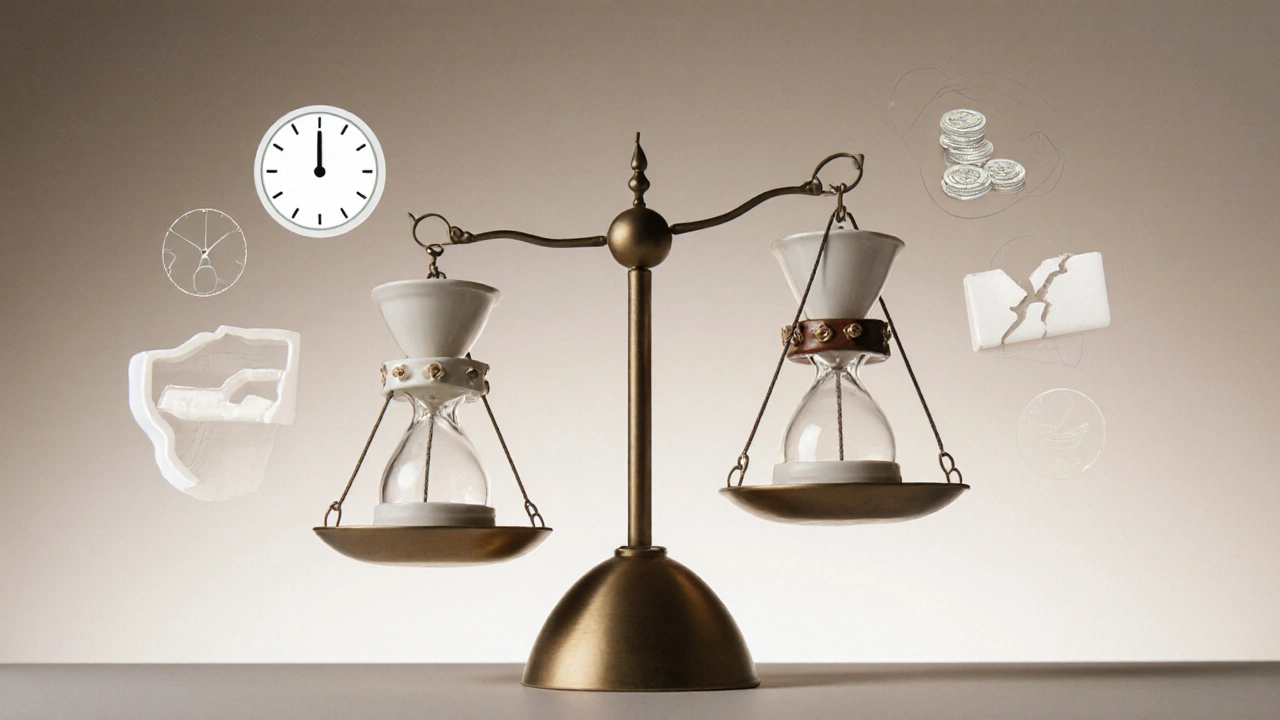 Váha s keramickými a kovovými rovnátky – estetika vs. odolnost.