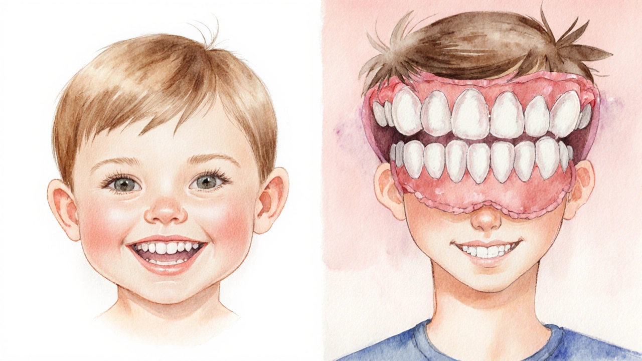 Vodováčná ilustrace s dětmi: levá část ukazuje mléčné zuby, pravá trvalé zuby.