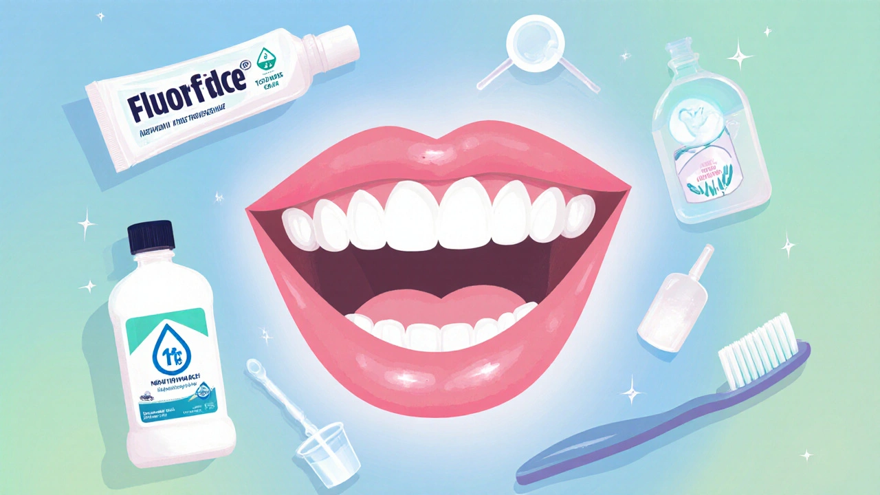 Zářivý úsměv s čistými zuby a bezpečnými dentálními produkty kolem něj.