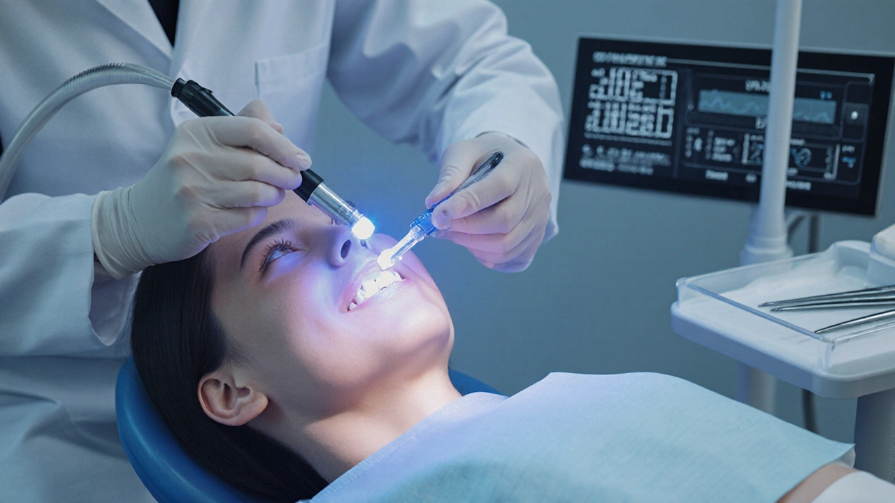 Zubař aplikuje gel a aktivuje laser na zubech pacienta.
