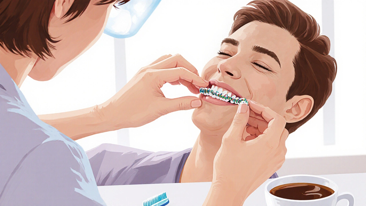 Zubní lékař prozkoumává keramická rovnátka a tmavší zubní sklovinu.