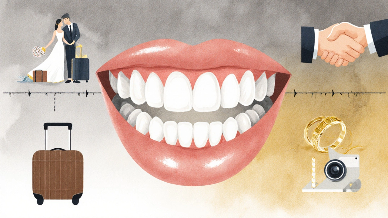 Časová škála ukazující postupné zarovnání zubů spolu s symboly životních plánů.