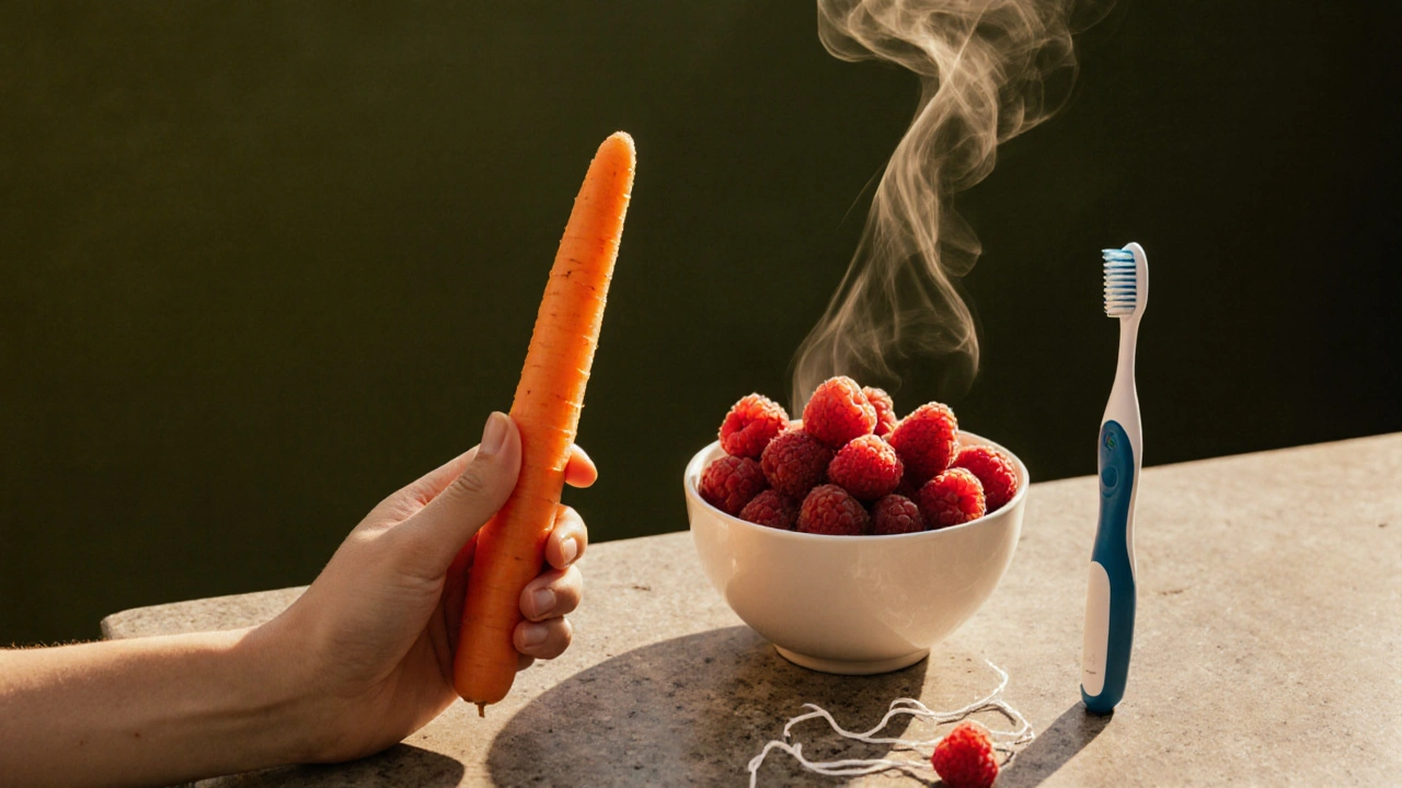 Čerstvé ovoce a mrkev vedle zubního kartáčku na kamenité desce.