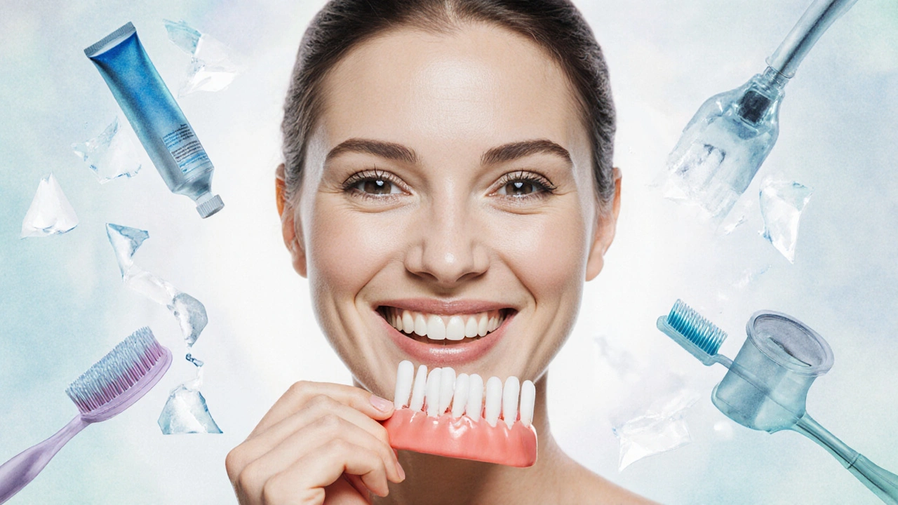 Člověk se usmívá, zatímco škodlivé nástroje jsou zničeny, nahrazeny jemnými péčovými pomůckami.