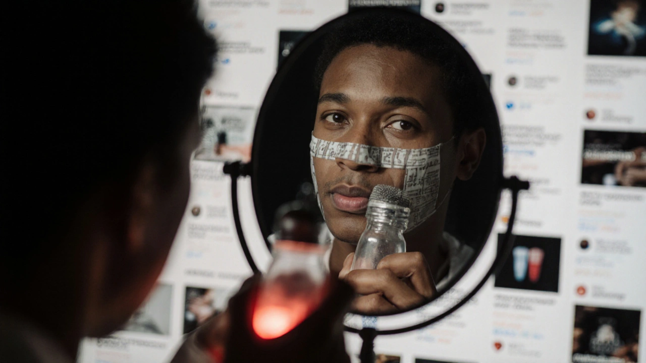 Člověk ve zrcadle, jeho odraz ukazuje rentgenový obraz poškozených zubů.