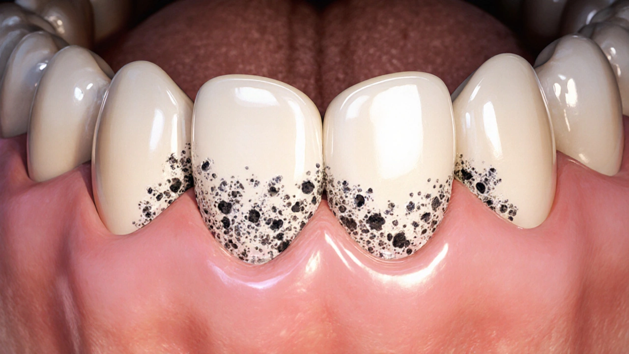 Detail keramického zubu s plakem na hranici dásně, viditelné mikroskopické bakterie.