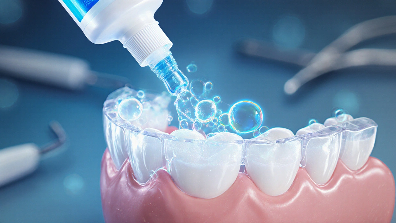 Detailní zobrazení zubního gelu a lišty s mikroskopickými bublinkami kyslíku pronikajícími do smaltu.