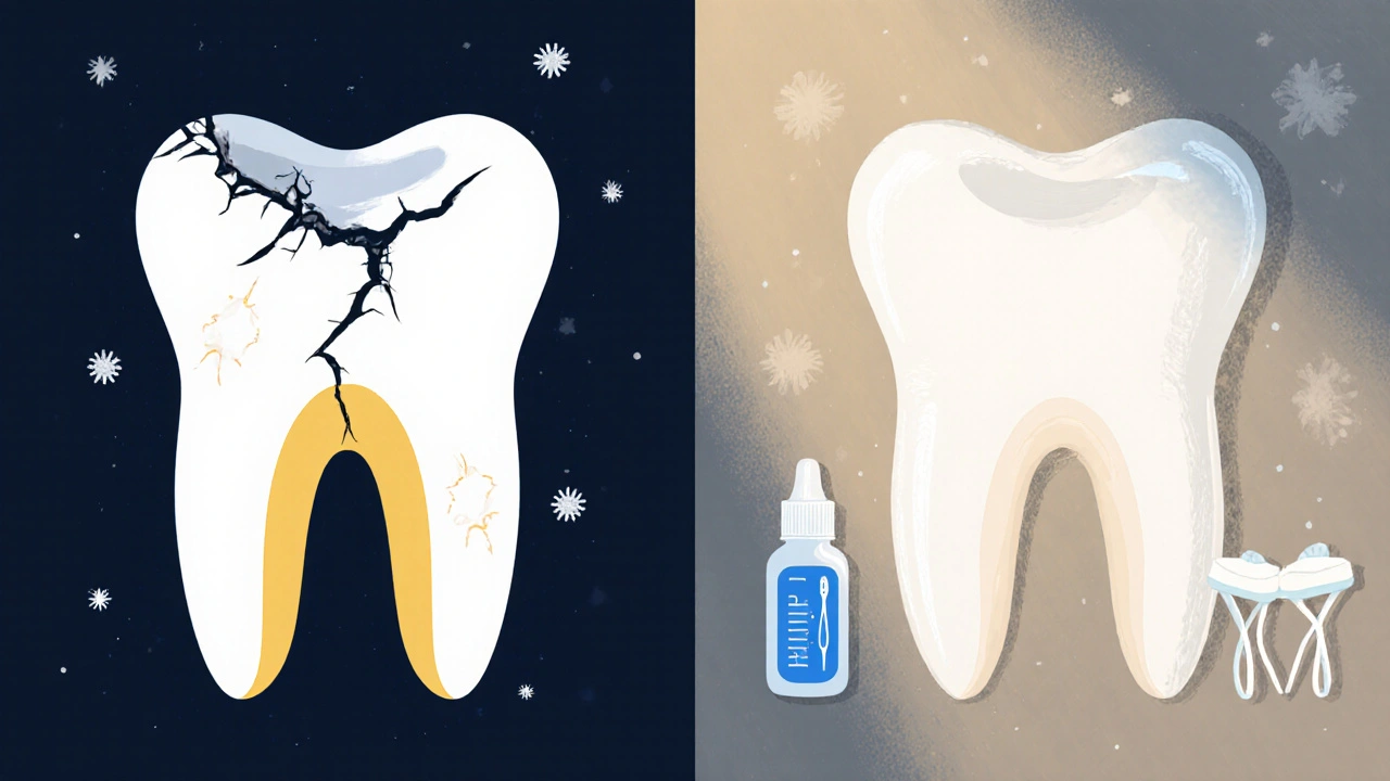 Dva zuby vedle sebe: poškozený s odhalenou dentinou a zdravý s fluoridovou pastou.