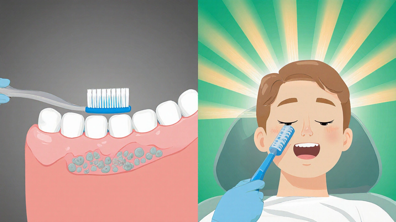 Dvě scény: čistění zubů doma vs. očištění u zubního lékaře.