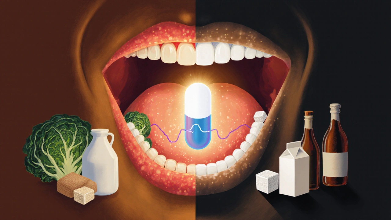 Ilustrace zdravého ústního prostředí s probiotiky na jedné straně a škodlivými potravinami na druhé.