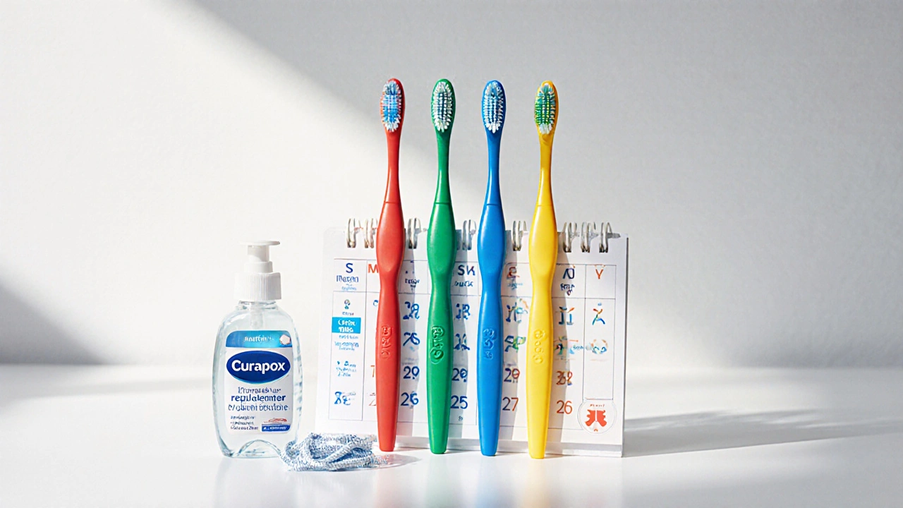 Kalendář s barevnými kartáčky a mezizubním čističem na stole, symbolizující pravidelnou výměnu každé 3 měsíce.