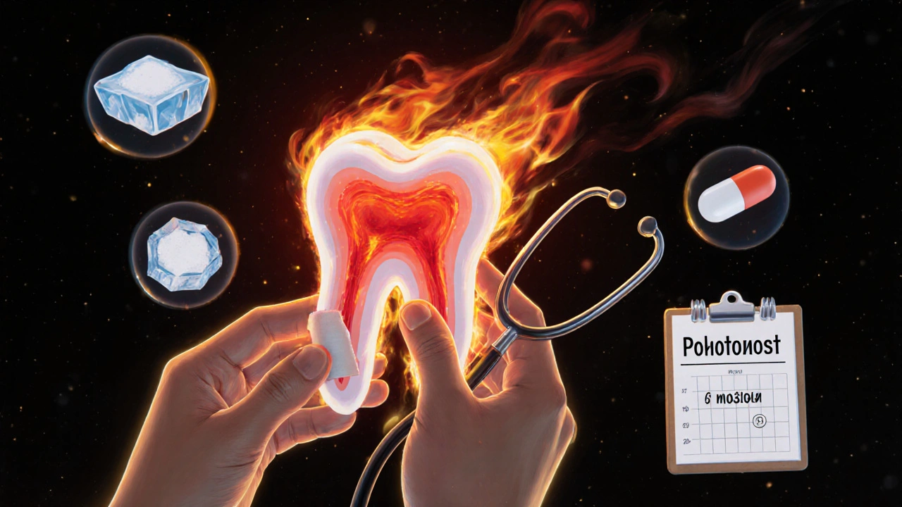 Konceptuální obrázek zánětu v zubu s ikonami úlevy a prevence v temném prostředí.