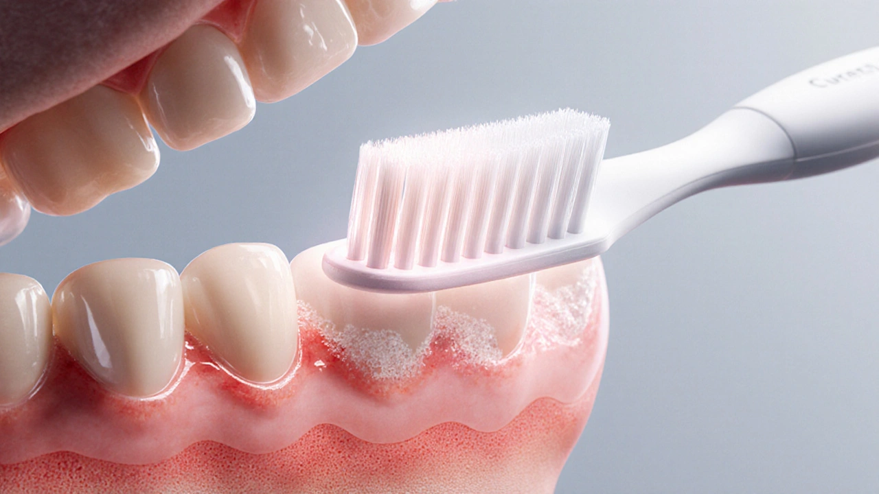 Křížový řez úst ukazuje, jak jemné vlásky Curaprox odstraňují plak mezi zuby a na dásních.