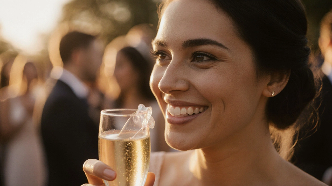 Osoba se směje na svatbě s dočasnými zuby, které vypadají přirozeně, ale jsou jen dočasné.