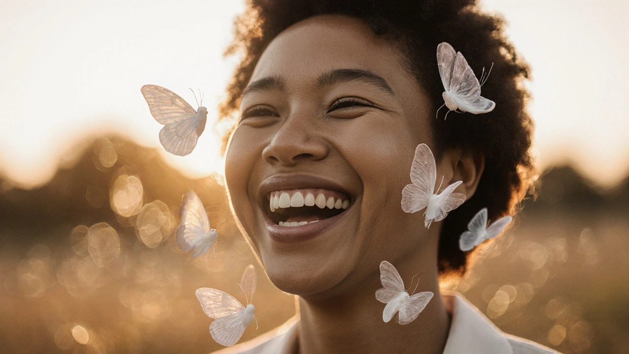 Osoba se směje s vynikajícím úsměvem, kolem ní plavou fazety jako křídla.