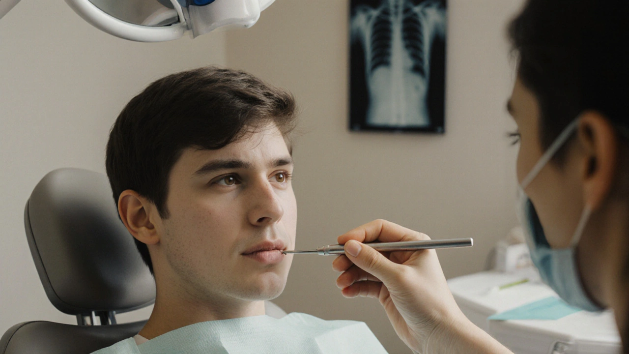 Pacient v zubní klinice se dívá do zrcadla a zubní lékař ho vyšetřuje.