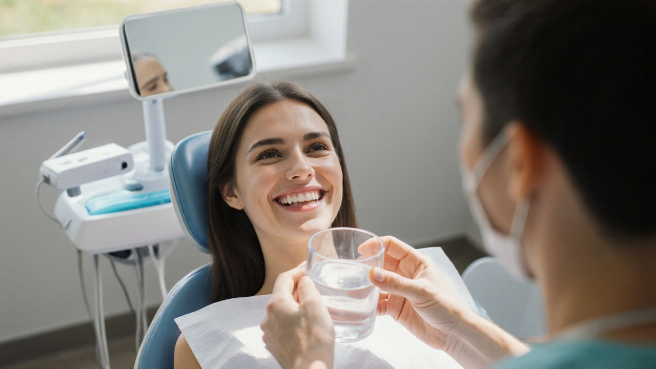 Patient smiling after ultrasonic cleaning, holding mirror with clean teeth.