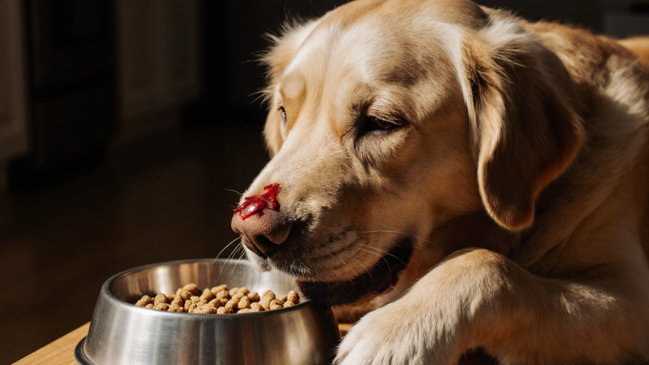 Pes kousající krmivo na jedné straně úst a škrábející si tvář.