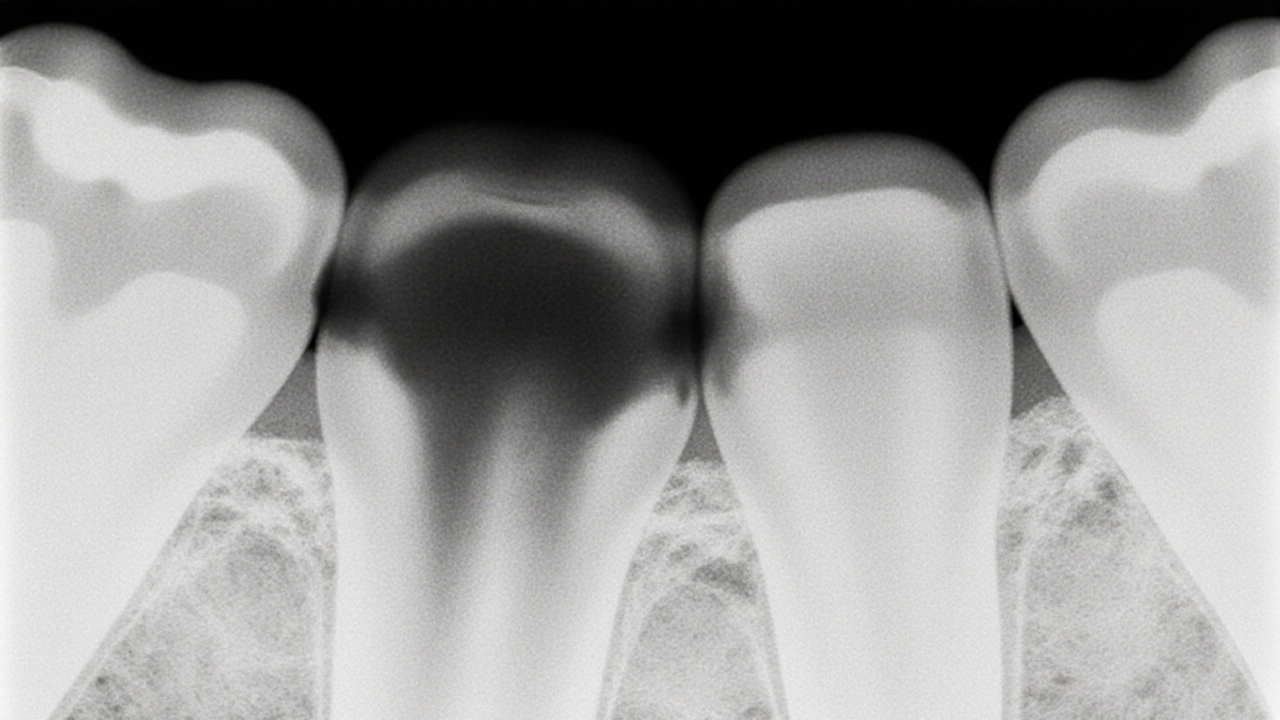 Pokročilý kaz v dentinu směřující k zubnímu nervu na rentgenu.