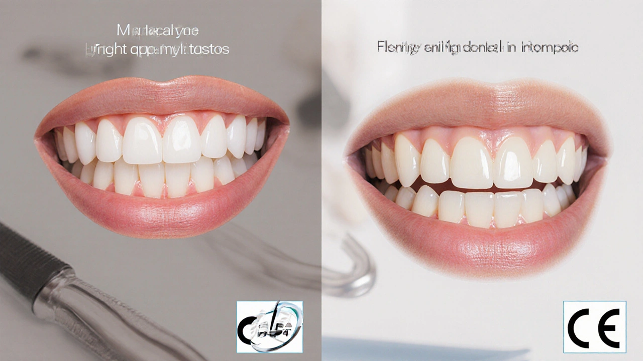 Porovnání nízkokvalitních a kvalitních dočasných zubů s přirozeným a umělým vzhledem.