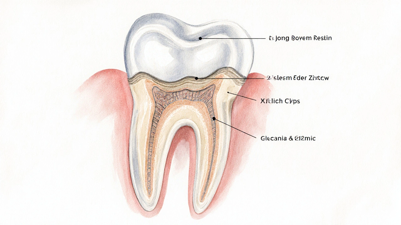 Přední zub s keramickou korunkou a viditelnou zdravou kořenovou strukturou.