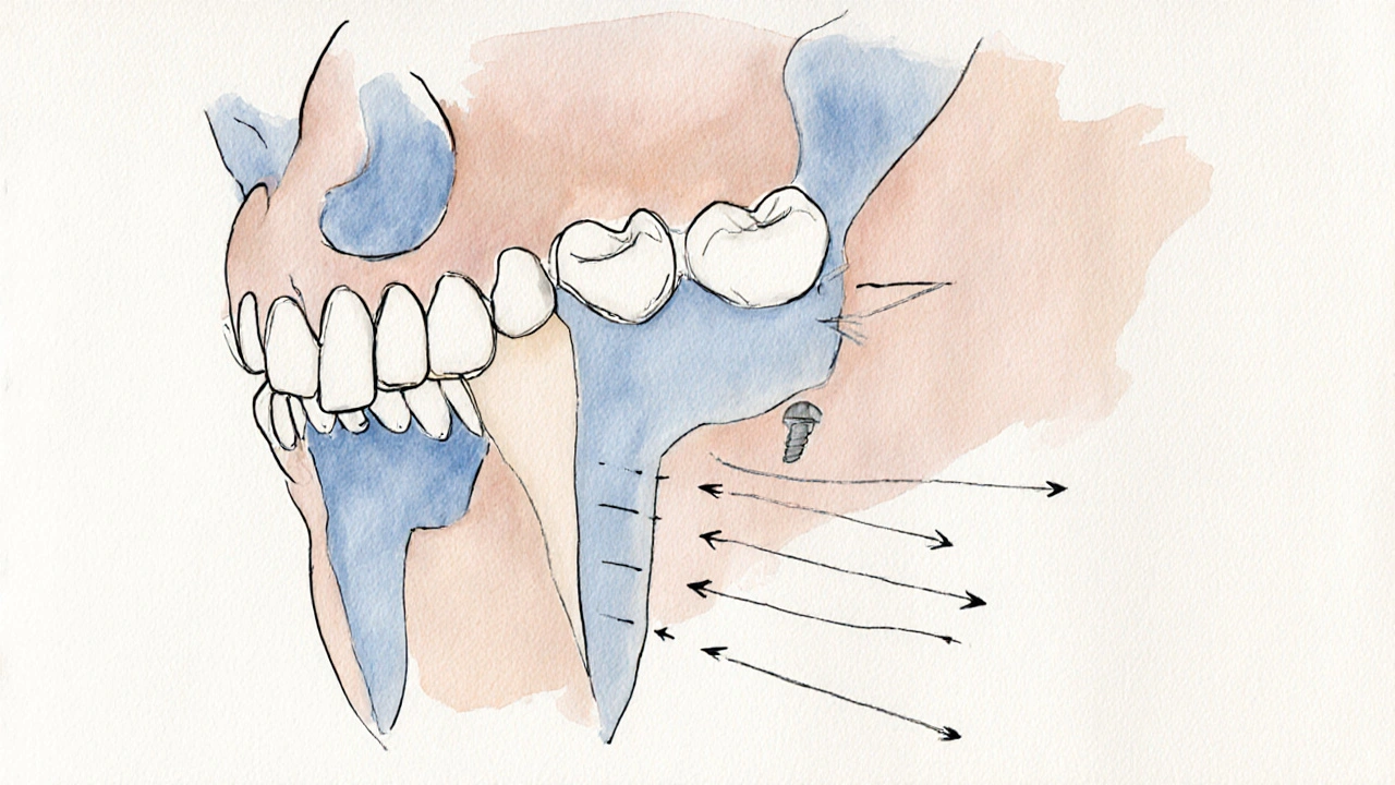 Přehledový náčrt čelisti s různými typy zubů a zubním implantátem.