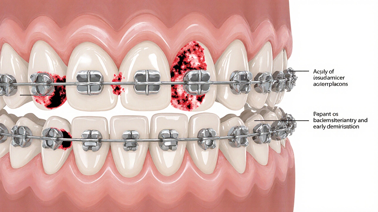 Příčný řez zubu s rovnátky ukazuje hromadění plaku a demineralizaci sklovinky.