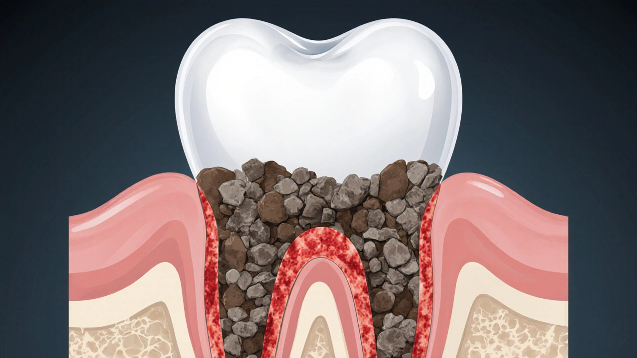 Průřez zubem s viditelným kamenem pod dásní a poškozenou kostí.