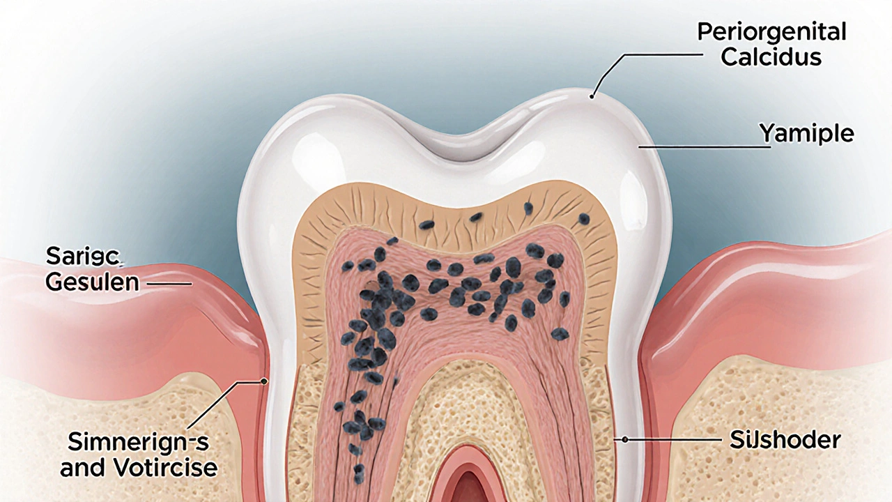 Průřez zubu s kamenem a ničenou kostí pod dásní.