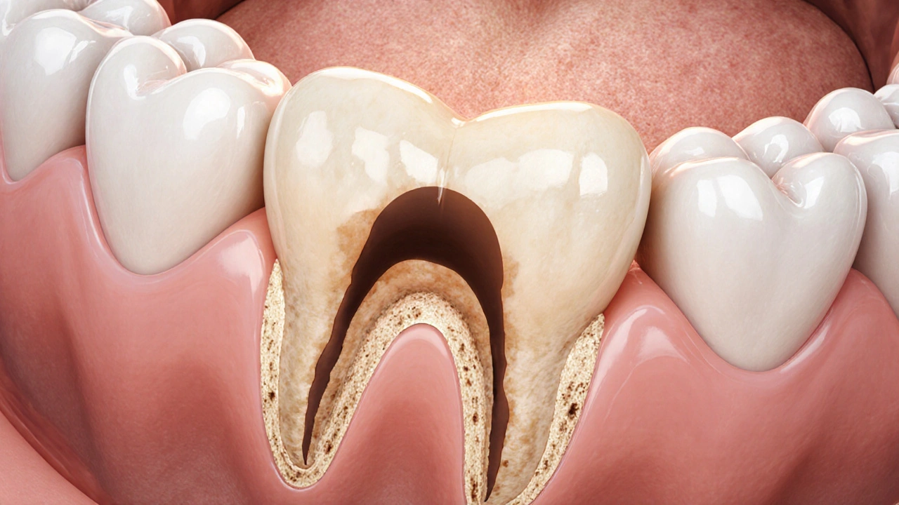 Rekurentní kaz pod plombou s viditelnou ztrátou kosti kolem kořene.