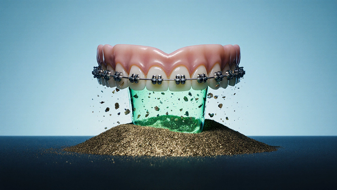 Rovnátka s kámenem zubní sklovinky, kterou obnovuje zelený remineralizační gel.