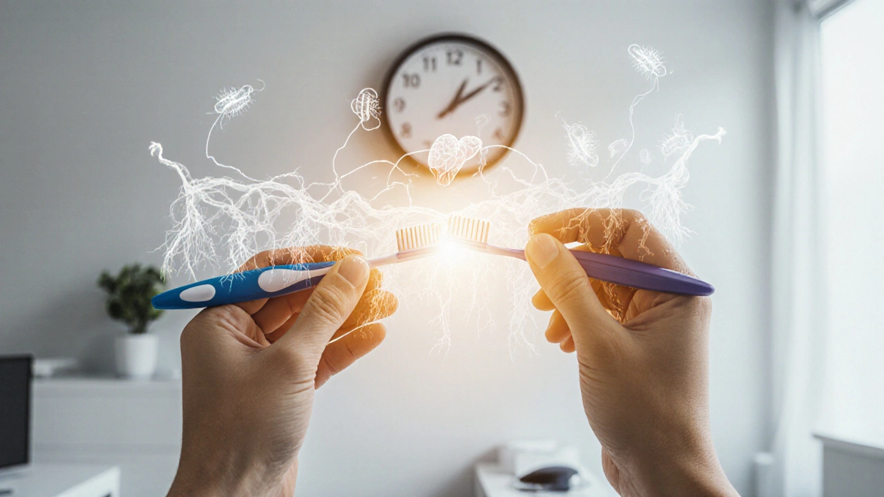 Ruce drží kartáček a nit, z nichž se rozšiřují neviditelné bakterie do těla.