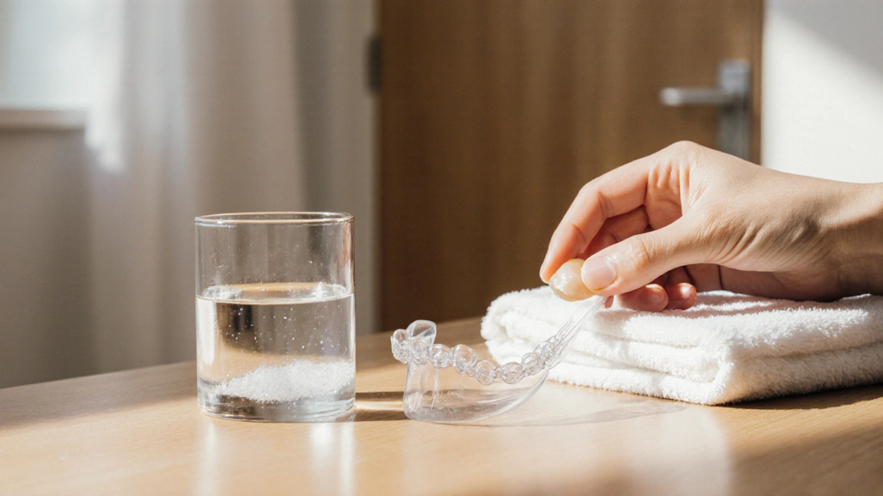 Ruka přikládá ortodontický vosk na neviditelné rovnátka s teplou vodou a chladným kompresem vedle.