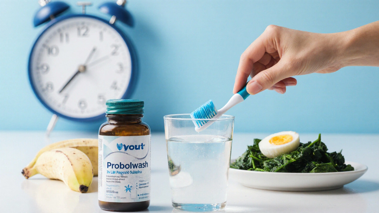 Ruka si myje zuby bezalkoholovým roztokem, vedle jsou probiotika a jemné potraviny pro hojení.
