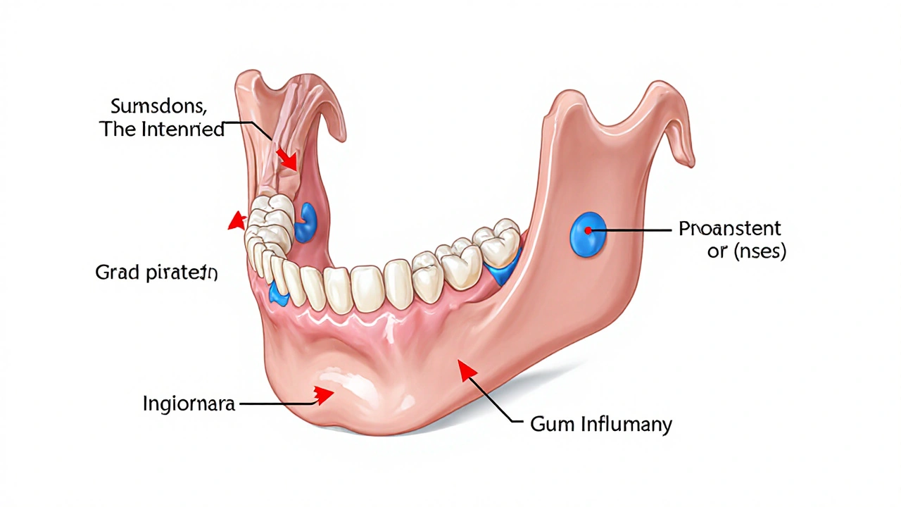 Schéma čelisti s označenými příčinami bolesti předních a zadních zubů.