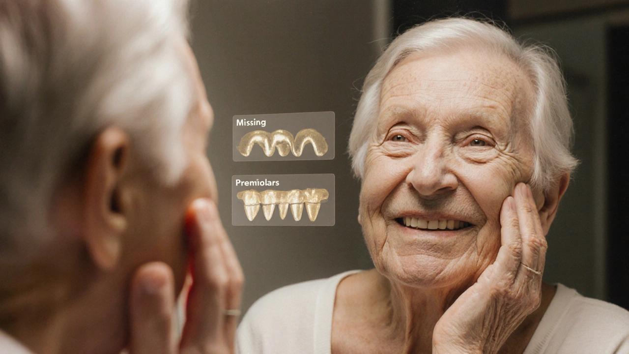 Stará žena se dívá do zrcadla, kde se objevují transparentní označení chybějících zubů.
