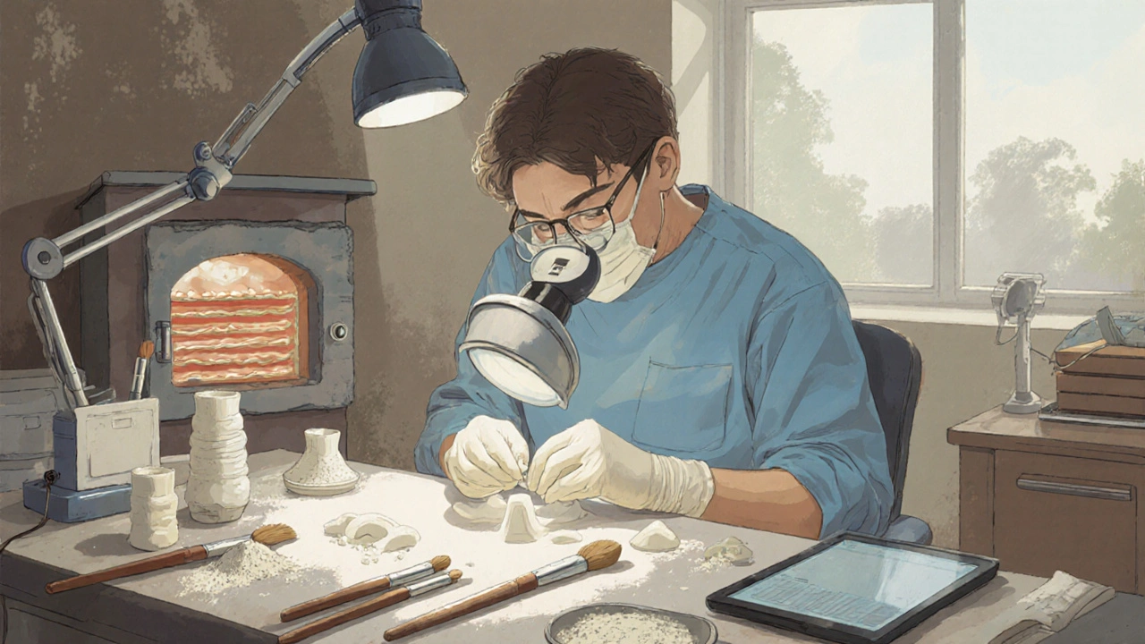 Technician carefully hand-building a porcelain dental veneer in a lab.