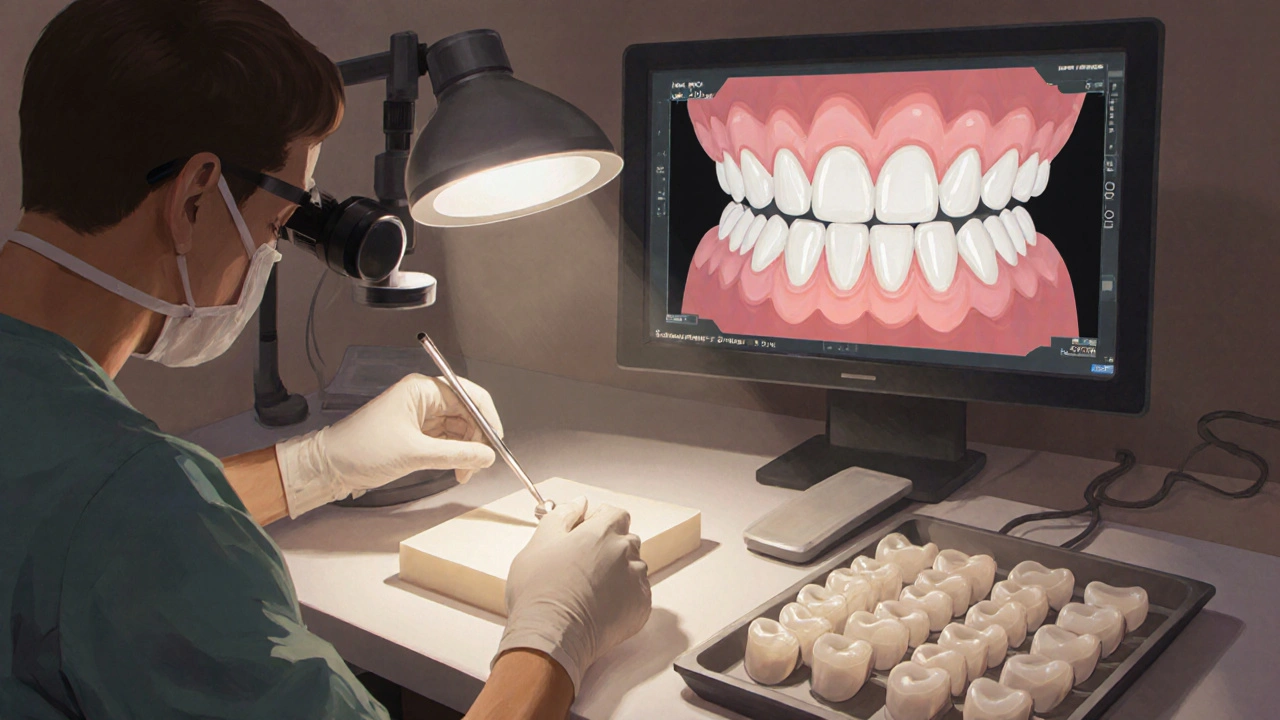 Technik v laboratoři tvaruje keramické fazety podle otisku zubů.