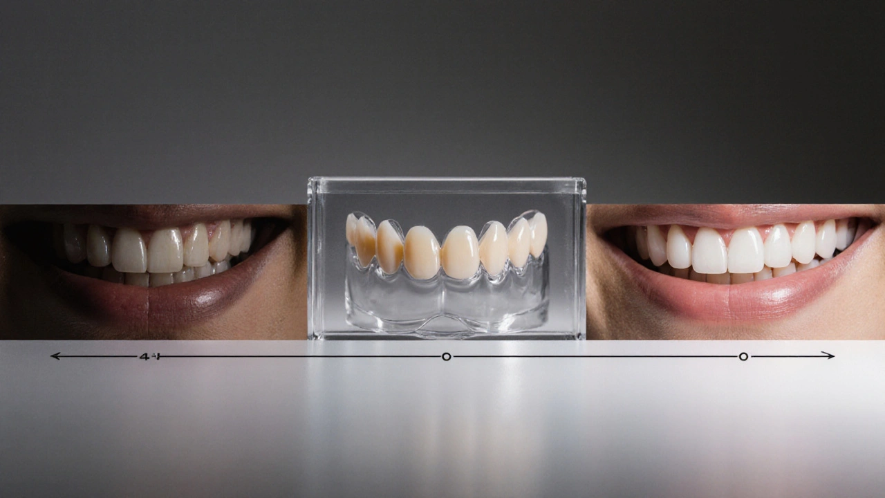 Timeline showing transformation from damaged teeth to perfect ceramic veneers.