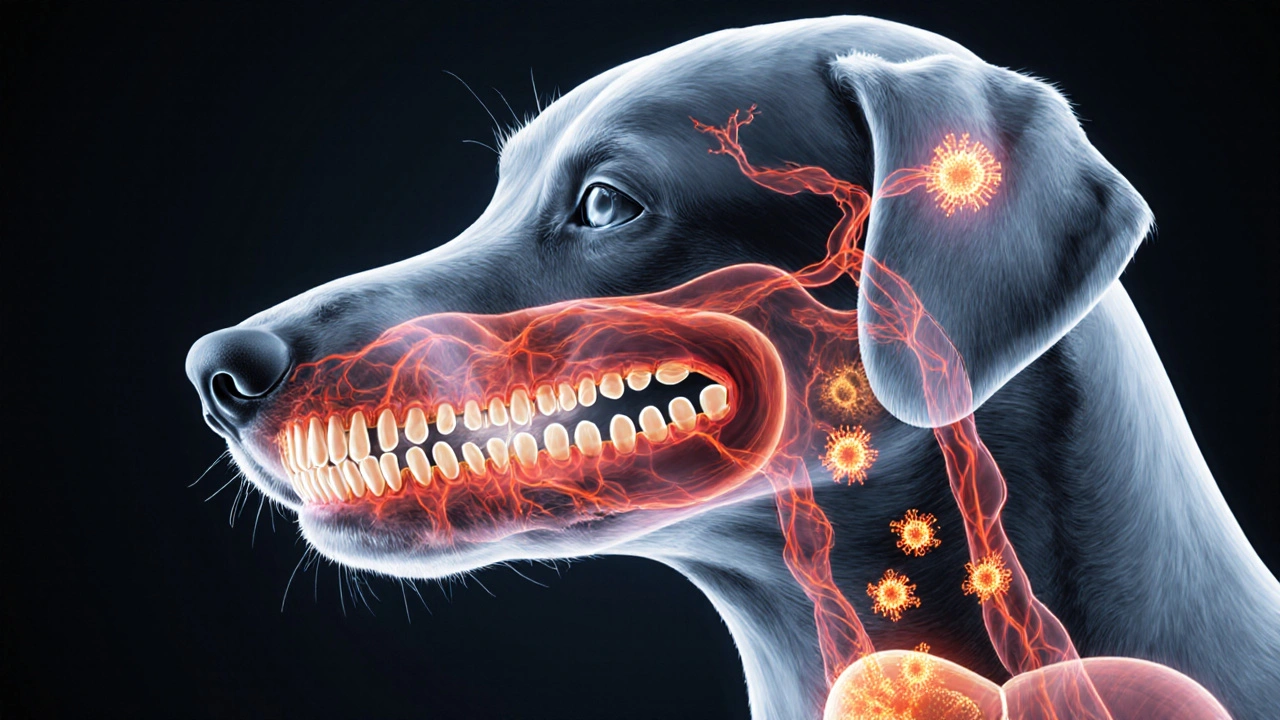 Transparenční ilustrace infekce zubů šířící se do srdce a mozku psa.