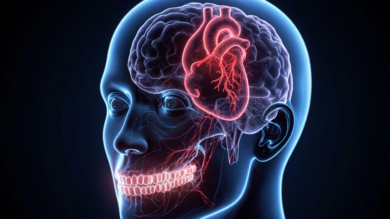 Transparentní hlava s propojením mezery mezi zuby a srdcem i mozkem.
